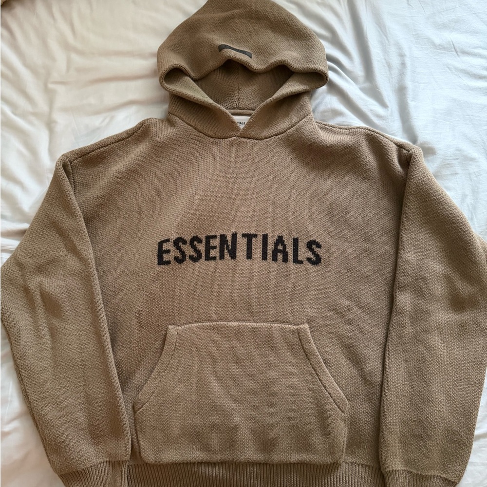 Essentials Tan Knit Pullover Hoodie with Contrast Logo